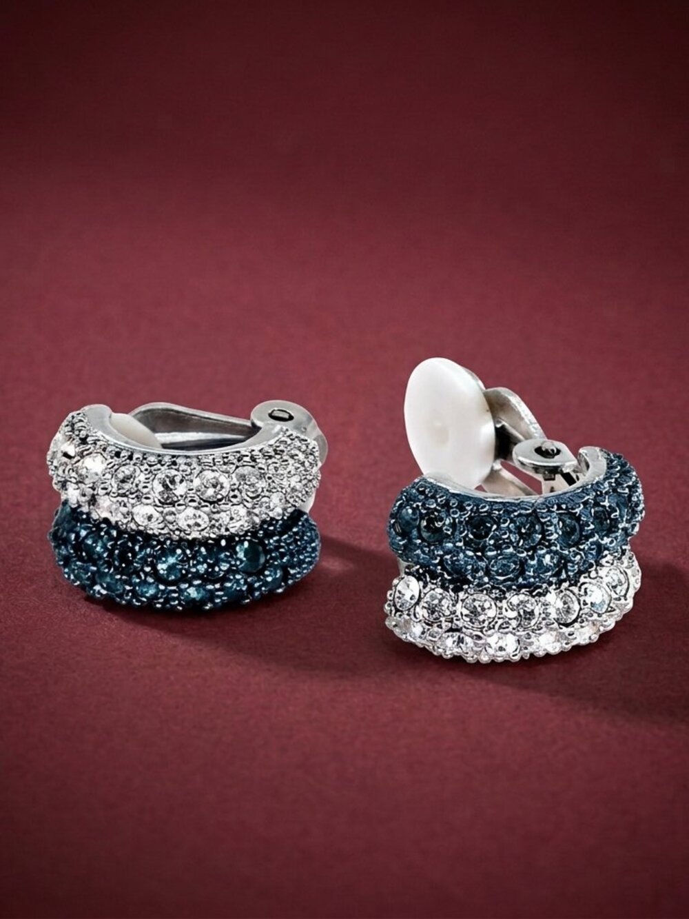 CARUCCI Clip On Earrings, Clear & Blue Rhinestones, Vintage Jewelry Gift
